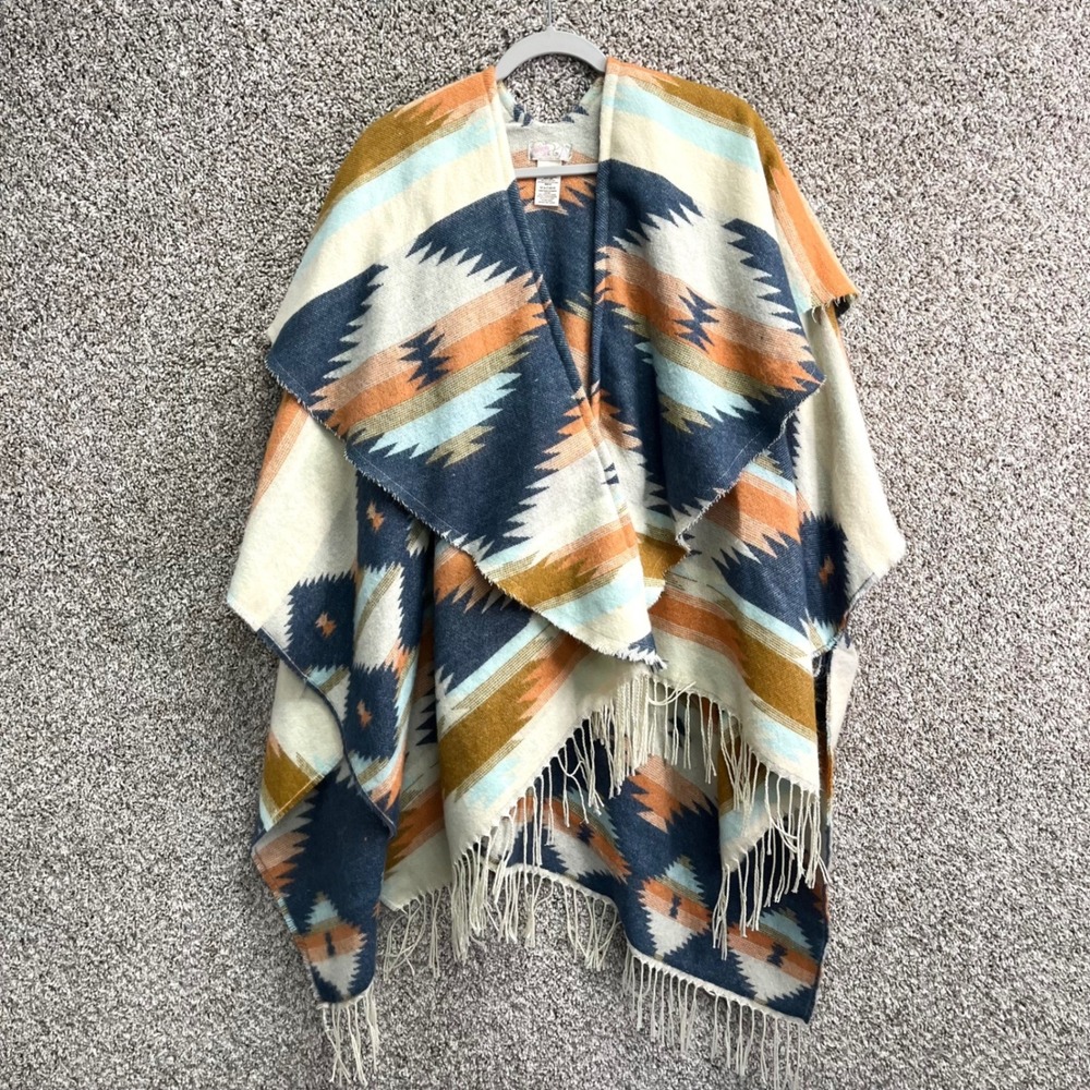 Free People Poncho Women's OS Crossroads Multi Southwestern Fringed Oversized - Picture 2 of 7